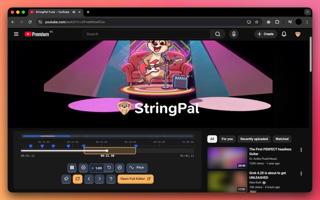 StringPal Chrome extension showing loop controls on a YouTube video